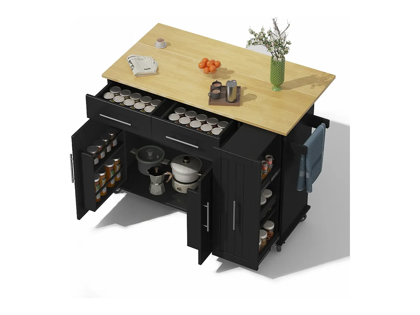 Isla de cocina móvil - encimera extensible - 2 cajones y 2 puertas - con toallero - MDF - Negro