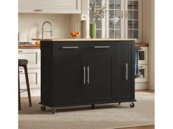 Isla de cocina móvil - encimera extensible - 2 cajones y 2 puertas - con toallero - MDF - Negro