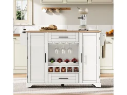 Isla de cocina móvil - encimera extensible - con alacena para vino y toallero - con 2 cajones y 2 puertas - MDF - Blanco