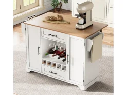 Isla de cocina móvil - encimera extensible - con alacena para vino y toallero - con 2 cajones y 2 puertas - MDF - Blanco