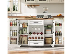 Isla de cocina móvil - encimera extensible - con alacena para vino y toallero - con 2 cajones y 2 puertas - MDF - Blanco