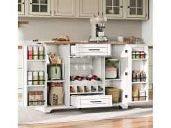 Isla de cocina móvil - encimera extensible - con alacena para vino y toallero - con 2 cajones y 2 puertas - MDF - Blanco