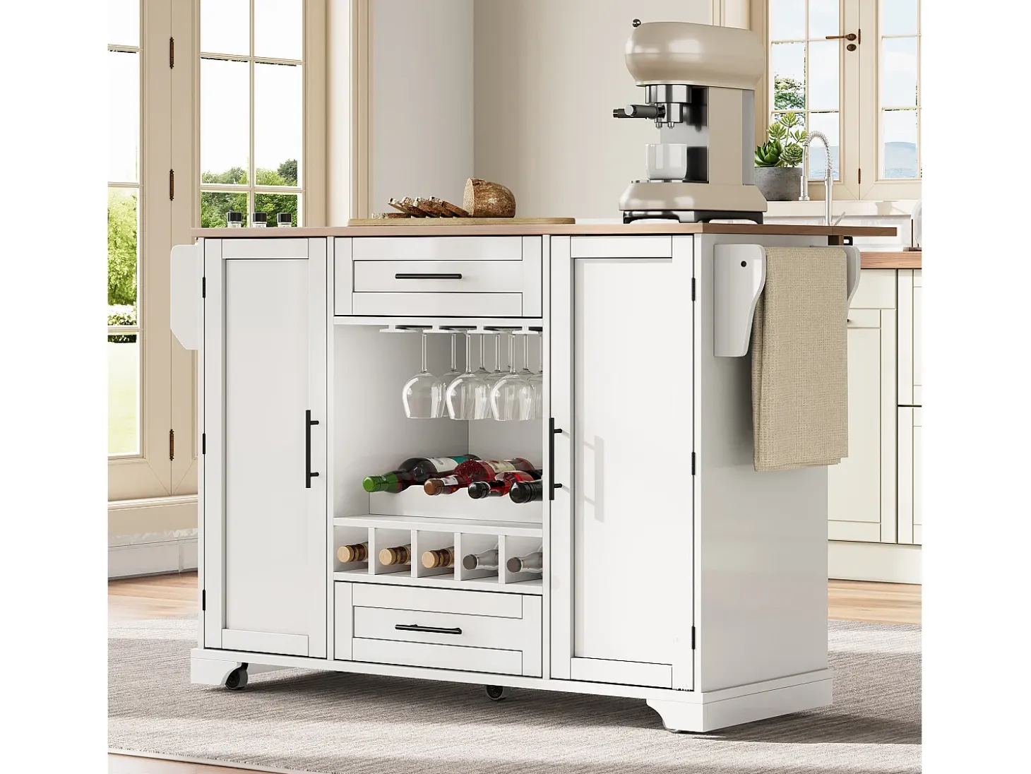 Isla de cocina móvil - encimera extensible - con alacena para vino y toallero - con 2 cajones y 2 puertas - MDF - Blanco
