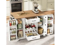 Isla de cocina móvil - encimera extensible - con alacena para vino y toallero - con 2 cajones y 2 puertas - MDF - Blanco