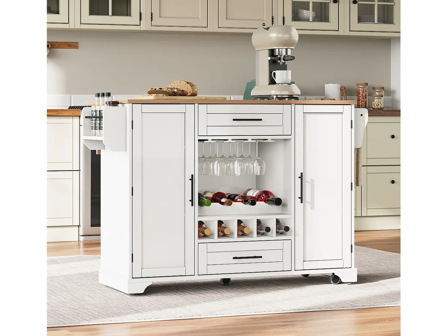 Isla de cocina móvil - encimera extensible - con alacena para vino y toallero - con 2 cajones y 2 puertas - MDF - Blanco