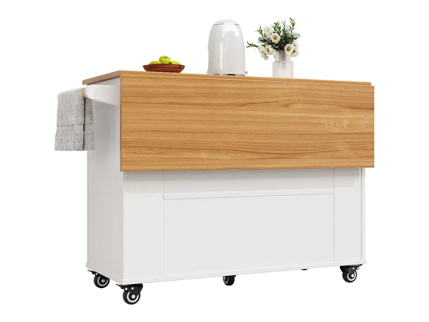Isla de cocina móvil - encimera extensible - 3 cajones y 2 puertas - 1 puerta abatible - con toallero - MDF - blanco + natural