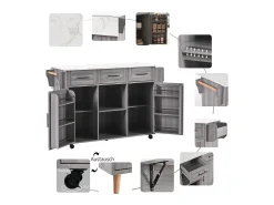 Isla de cocina móvil - Isla de cocina gris con 3 cajones y 2 puertas - encimera abatible - tiradores negros