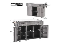 Isla de cocina móvil - Isla de cocina gris con 3 cajones y 2 puertas - encimera abatible - tiradores negros