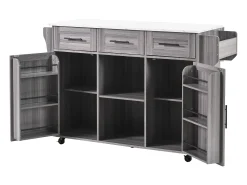 Isla de cocina móvil - Isla de cocina gris con 3 cajones y 2 puertas - encimera abatible - tiradores negros