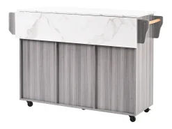 Isla de cocina móvil - Isla de cocina gris con 3 cajones y 2 puertas - encimera abatible - tiradores negros