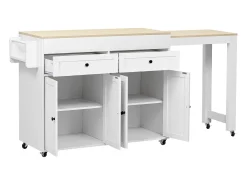 Isla de cocina móvil blanca - Carrito de cocina con 4 puertas y 2 cajones - tablero de madera extensible y especiero