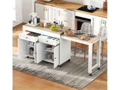 Isla de cocina móvil blanca - Carrito de cocina con 4 puertas y 2 cajones - tablero de madera extensible y especiero