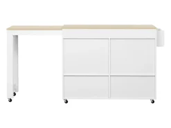 Isla de cocina móvil blanca - Carrito de cocina con 4 puertas y 2 cajones - tablero de madera extensible y especiero