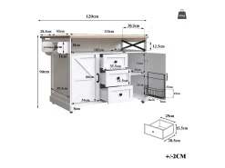 Isla de cocina móvil central - Tablero extensible - 120x71x98cm - con LED - 2 puertas y 3 cajones - estantes abiertos - Blanco