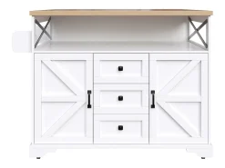 Isla de cocina móvil central - Tablero extensible - 120x71x98cm - con LED - 2 puertas y 3 cajones - estantes abiertos - Blanco