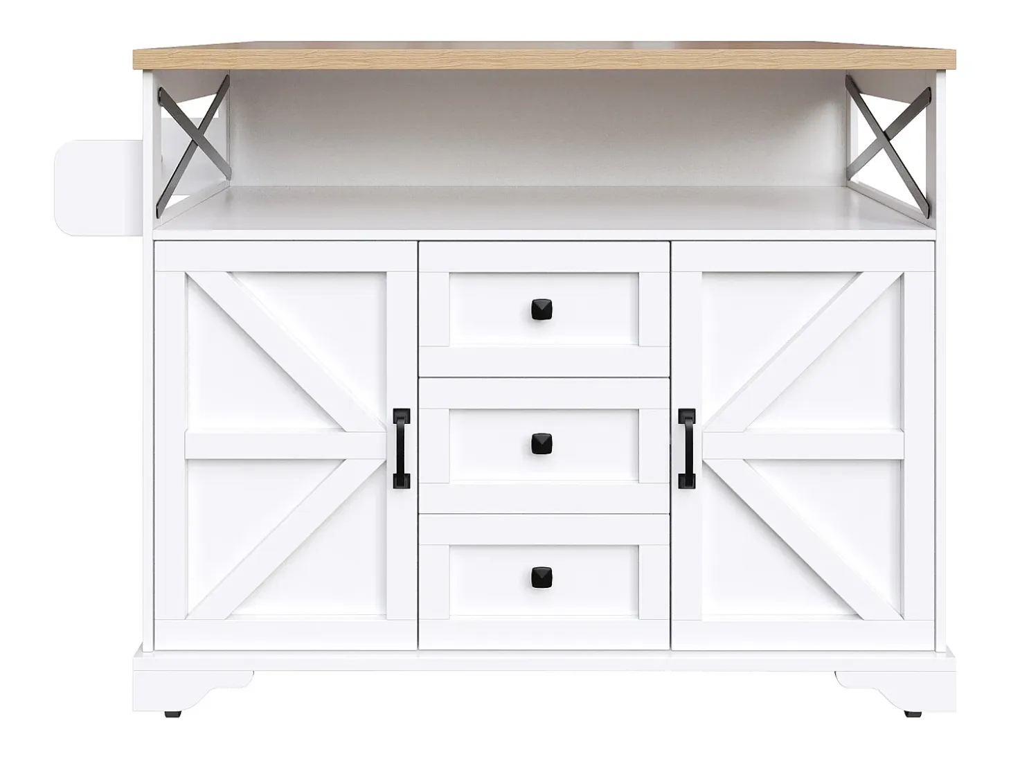 Isla de cocina móvil central - Tablero extensible - 120x71x98cm - con LED - 2 puertas y 3 cajones - estantes abiertos - Blanco
