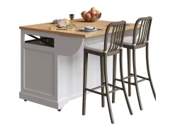 Isla de cocina móvil central - Tablero extensible - 120x71x98cm - con LED - 2 puertas y 3 cajones - estantes abiertos - Blanco