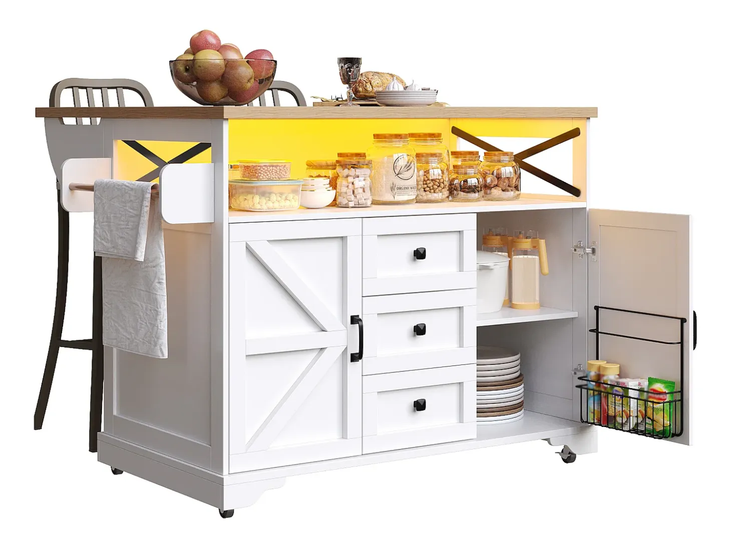 Isla de cocina móvil central - Tablero extensible - 120x71x98cm - con LED - 2 puertas y 3 cajones - estantes abiertos - Blanco