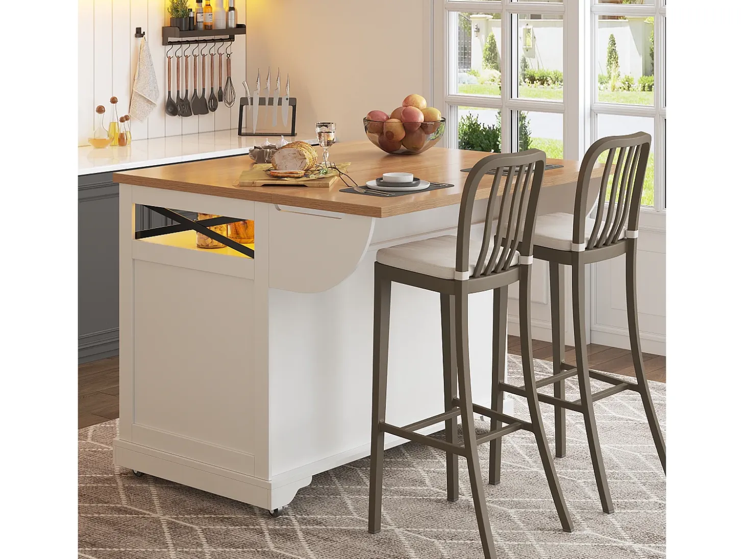 Isla de cocina móvil central - Tablero extensible - 120x71x98cm - con LED - 2 puertas y 3 cajones - estantes abiertos - Blanco