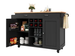 Isla de cocina móvil con 2 puertas y 2 cajones - 102x45x92 cm - Madera MDF - Negro y natural