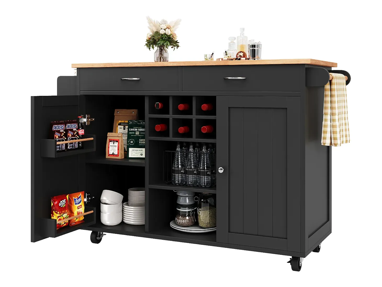 Isla de cocina móvil con 2 puertas y 2 cajones - 102x45x92 cm - Madera MDF - Negro y natural