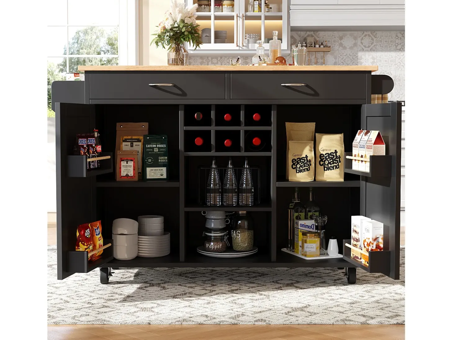 Isla de cocina móvil con 2 puertas y 2 cajones - 102x45x92 cm - Madera MDF - Negro y natural