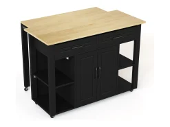 Isla de cocina móvil con 2 cajones y 2 puertas, tomas de corriente - Negro
