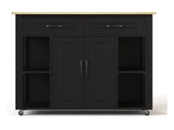 Isla de cocina móvil con 2 cajones y 2 puertas, tomas de corriente - Negro