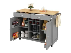 Isla de cocina móvil con 2 cajones, 2 puertas y botellero para 6 botellas - 102x45x92cm - MDF y metal - Gris