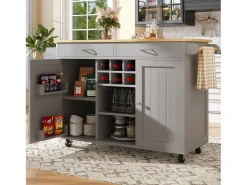 Isla de cocina móvil con 2 cajones, 2 puertas y botellero para 6 botellas - 102x45x92cm - MDF y metal - Gris