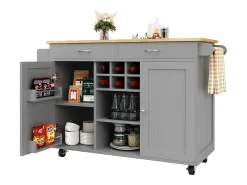 Isla de cocina móvil con 2 cajones, 2 puertas y botellero para 6 botellas - 102x45x92cm - MDF y metal - Gris