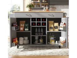 Isla de cocina móvil con 2 cajones, 2 puertas y botellero para 6 botellas - 102x45x92cm - MDF y metal - Gris
