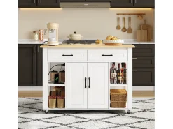 Isla de cocina móvil con 2 cajones y 2 puertas, tomas de corriente - Blanco