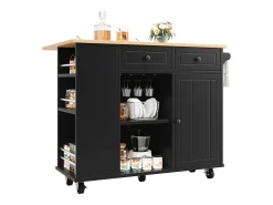 Isla de cocina móvil con 2 cajones, 1 puerta y compartimentos - 120x42/76x91,5cm - MDF y metal - Negro + natural