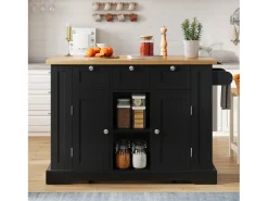Isla de cocina móvil con 3 cajones, 2 puertas y estantes - encimera extensible - 132 x 40/70 x 87 cm - Madera MDF - Negro + natural