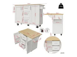 Isla de cocina móvil con 2 puertas, 3 cajones y toallero - Tablero extensible - 134,5 x 46/74 x 90,8 cm - MDF - Blanco