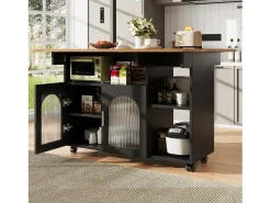 Isla de cocina móvil con 2 puertas y estantes abiertos - Tablero extensible - 120x30(70)x79,5cm - Madera MDF - Negro y natural