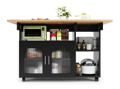 Isla de cocina móvil con 2 puertas y estantes abiertos - Tablero extensible - 120x30(70)x79,5cm - Madera MDF - Negro y natural