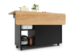 Isla de cocina móvil con 2 puertas y estantes abiertos - Tablero extensible - 120x30(70)x79,5cm - Madera MDF - Negro y natural