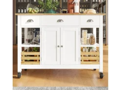 Isla de cocina móvil con 3 cajones, 2 puertas y cesto de almacenaje - encimera extensible - 120 x 45/73 x 90 cm - Madera MDF - Blanco