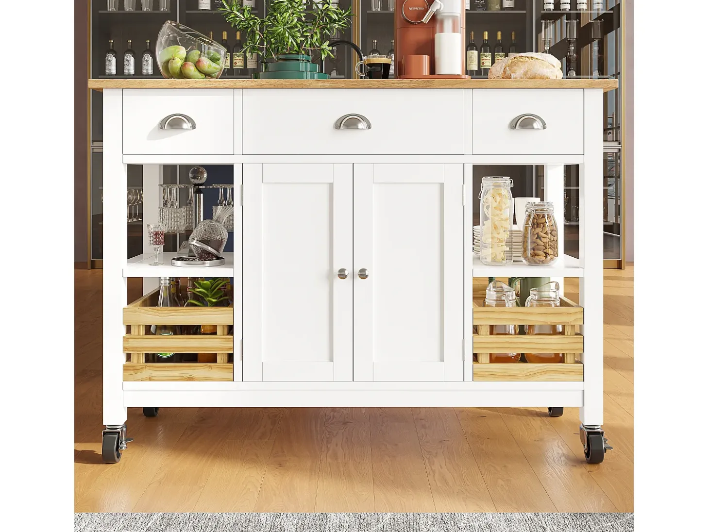Isla de cocina móvil con 3 cajones, 2 puertas y cesto de almacenaje - encimera extensible - 120 x 45/73 x 90 cm - Madera MDF - Blanco
