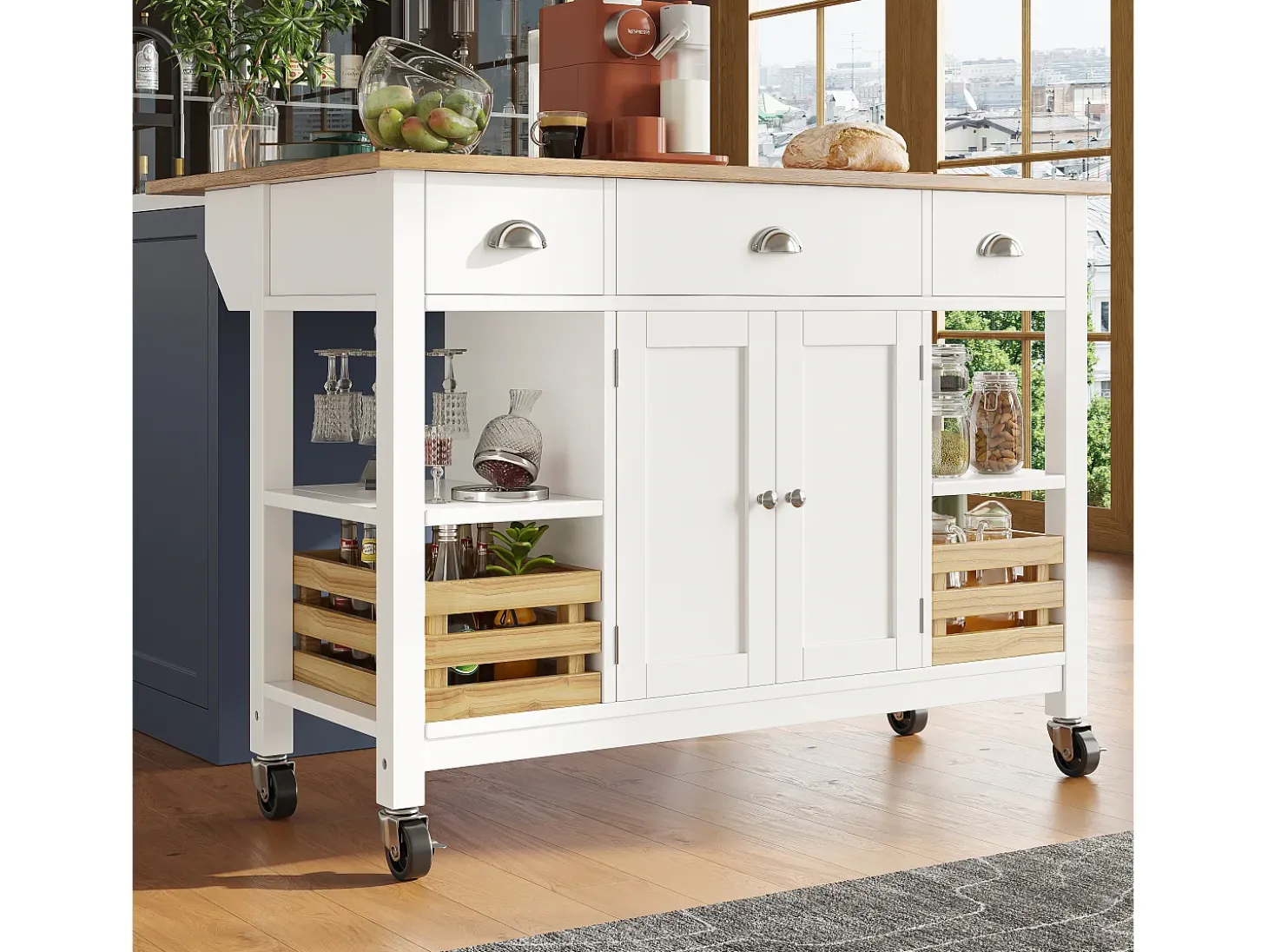 Isla de cocina móvil con 3 cajones, 2 puertas y cesto de almacenaje - encimera extensible - 120 x 45/73 x 90 cm - Madera MDF - Blanco