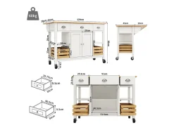 Isla de cocina móvil con 3 cajones, 2 puertas y cesto de almacenaje - encimera extensible - 120 x 45/73 x 90 cm - Madera MDF - Blanco