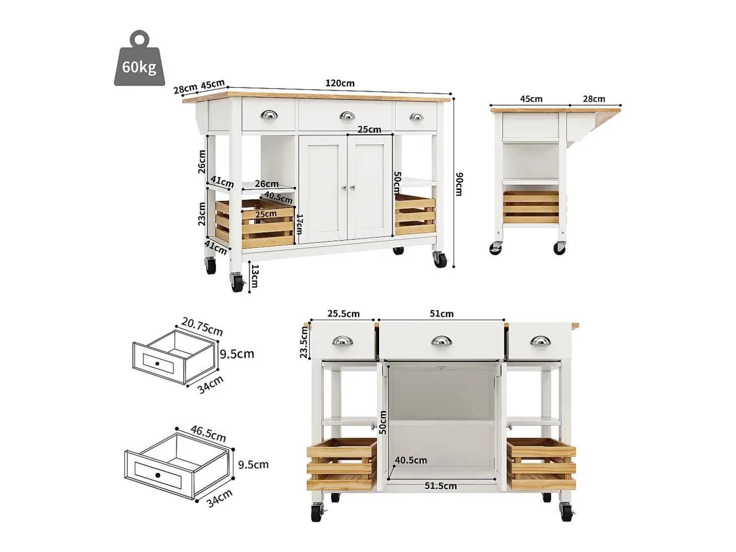 Isla de cocina móvil con 3 cajones, 2 puertas y cesto de almacenaje - encimera extensible - 120 x 45/73 x 90 cm - Madera MDF - Blanco