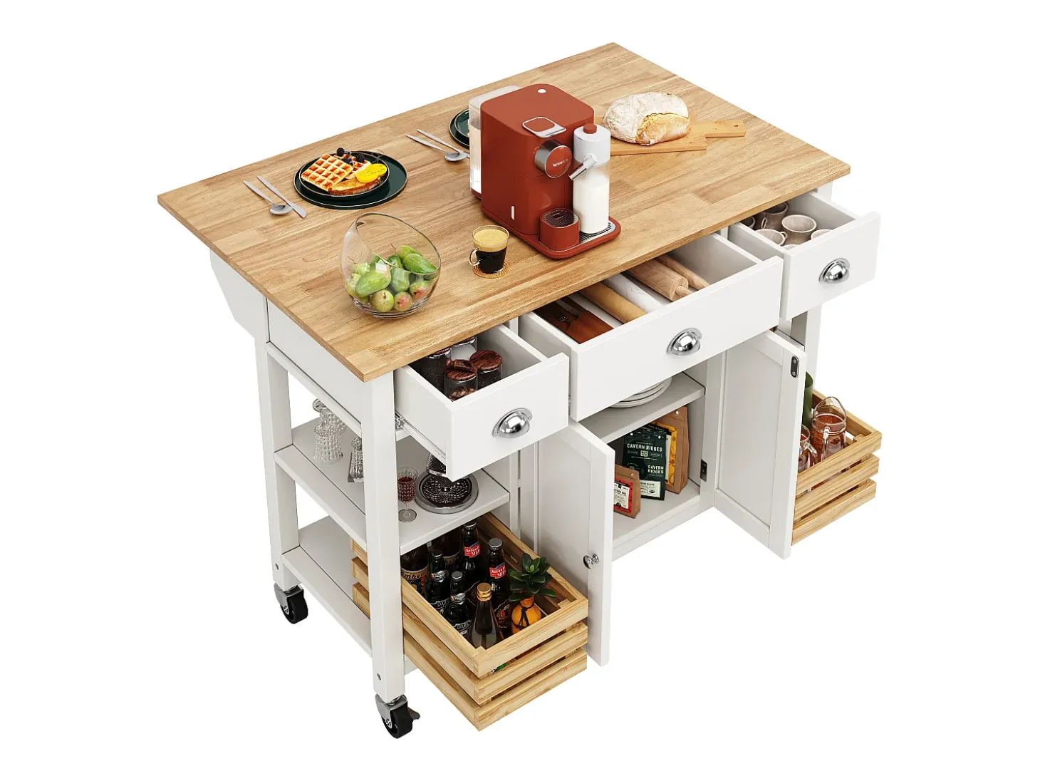 Isla de cocina móvil con 3 cajones, 2 puertas y cesto de almacenaje - encimera extensible - 120 x 45/73 x 90 cm - Madera MDF - Blanco