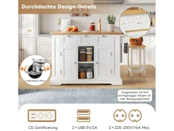 Isla de cocina móvil con 3 cajones, 2 puertas y estantes - encimera extensible - 132 x 40/70 x 87 cm - Madera MDF - Blanco + natural