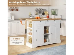 Isla de cocina móvil con 3 cajones, 2 puertas y estantes - encimera extensible - 132 x 40/70 x 87 cm - Madera MDF - Blanco + natural