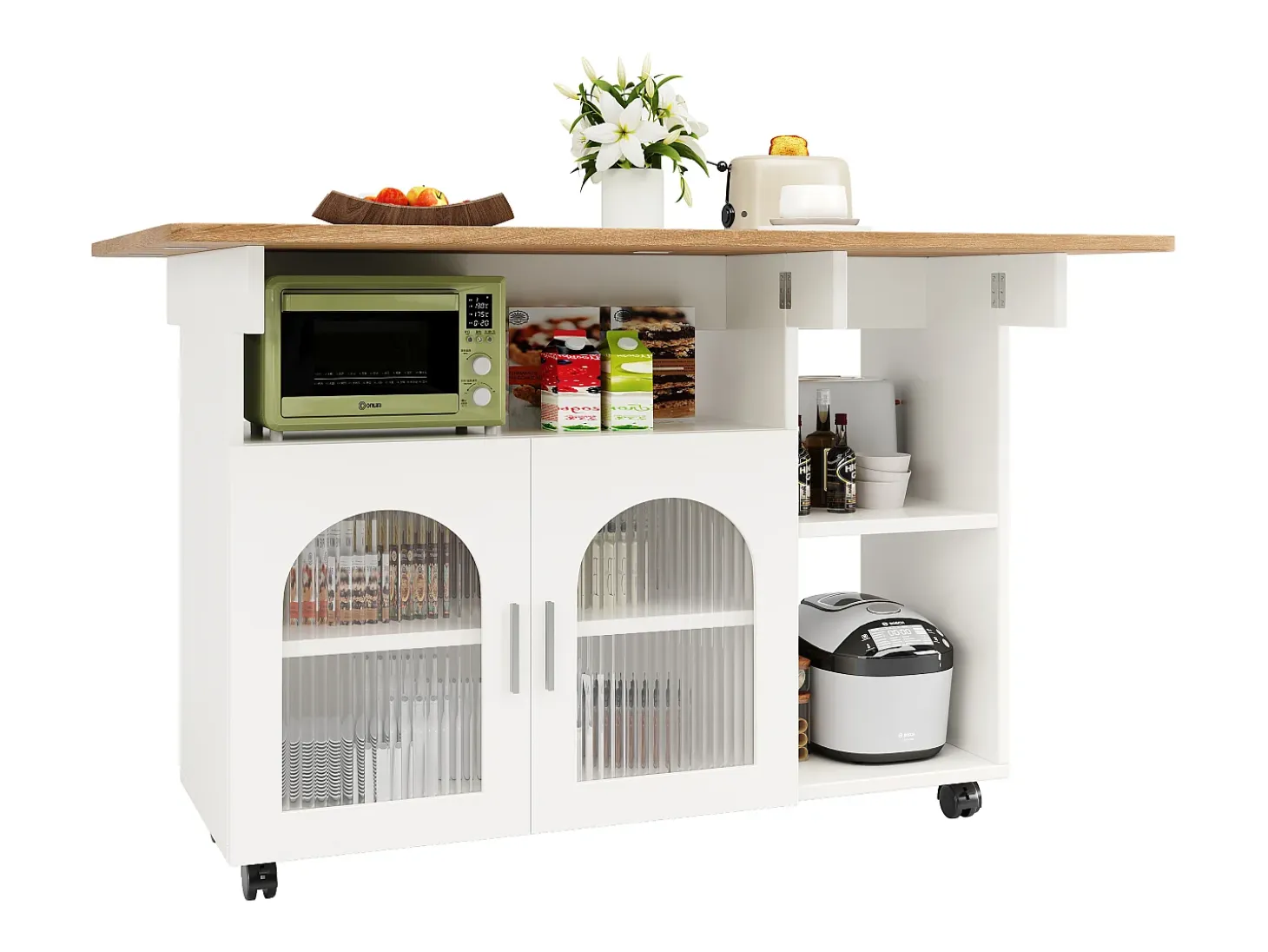Isla de cocina móvil con 2 puertas y estantes abiertos - Tablero extensible - 120x30(70)x79,5cm - Madera MDF - Blanco y natural