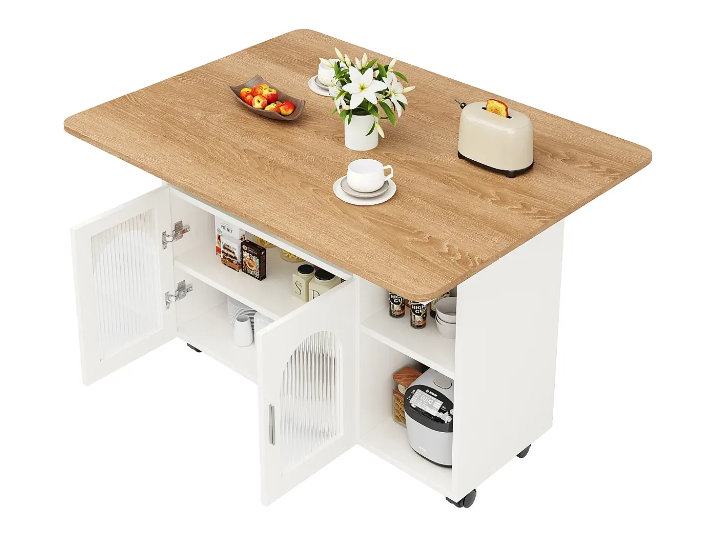 Isla de cocina móvil con 2 puertas y estantes abiertos - Tablero extensible - 120x30(70)x79,5cm - Madera MDF - Blanco y natural