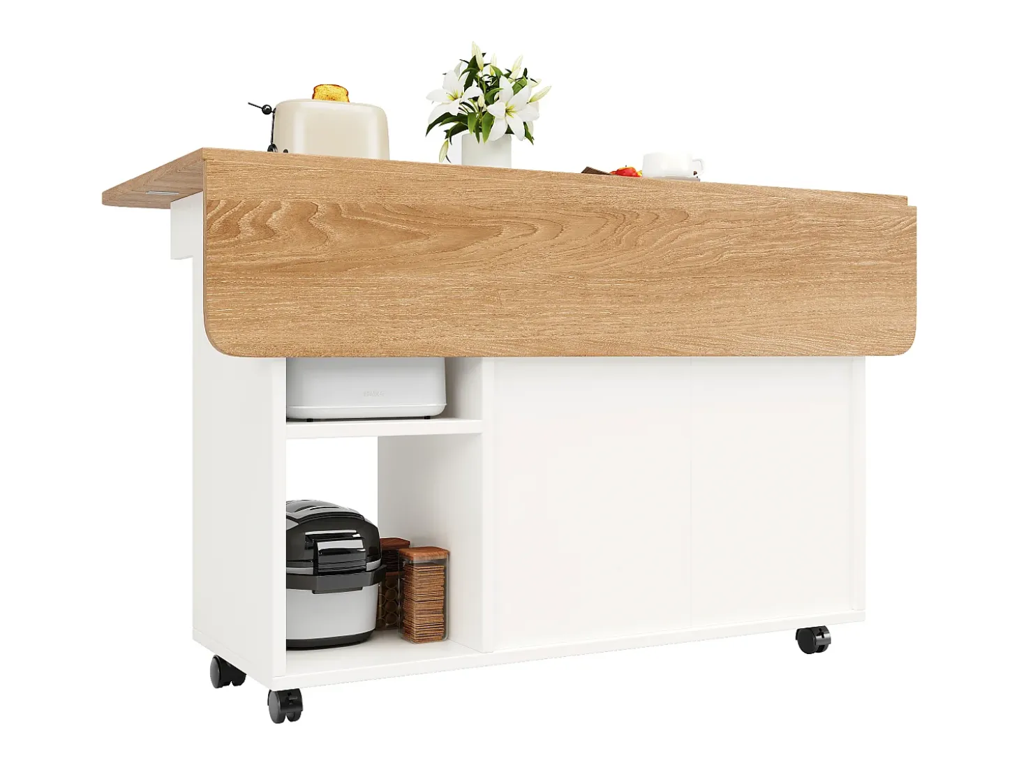 Isla de cocina móvil con 2 puertas y estantes abiertos - Tablero extensible - 120x30(70)x79,5cm - Madera MDF - Blanco y natural